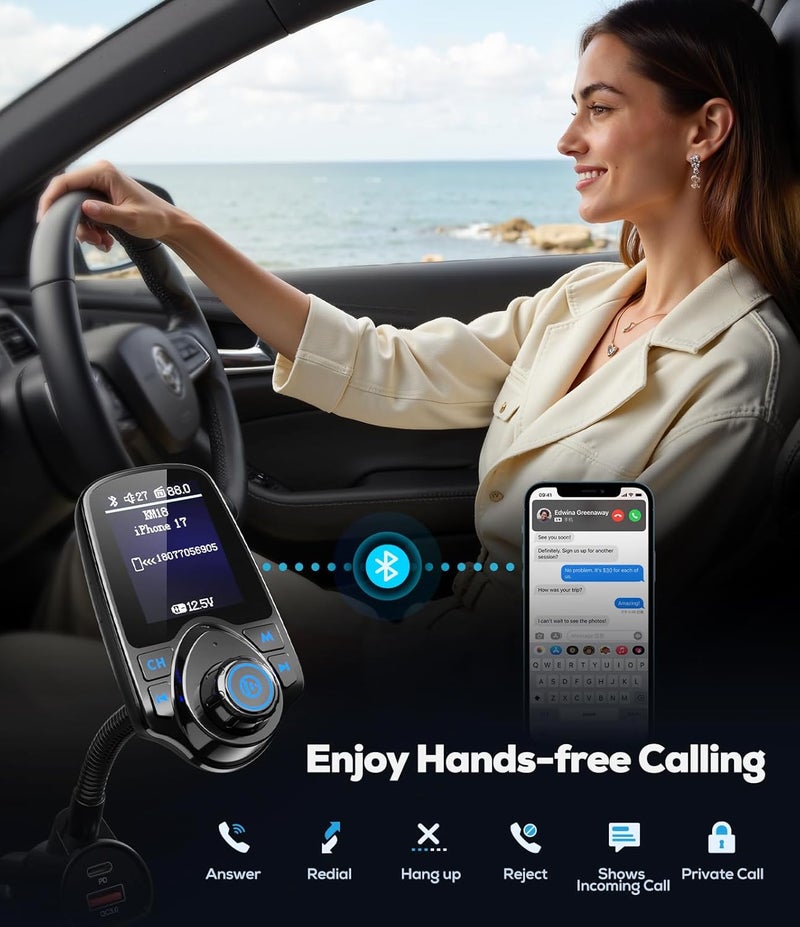 nulaxy [2026 KM18 Upgraded Version] 1.8" Color Screen 48W Bluetooth 5.4 Car Adapter, Dual Fasting Charging Ports [PD 30W & QC3.0 18W] Wireless Radio FM Transmitter, Hands-Free Call, 7 EQ Modes, Black - Image 5